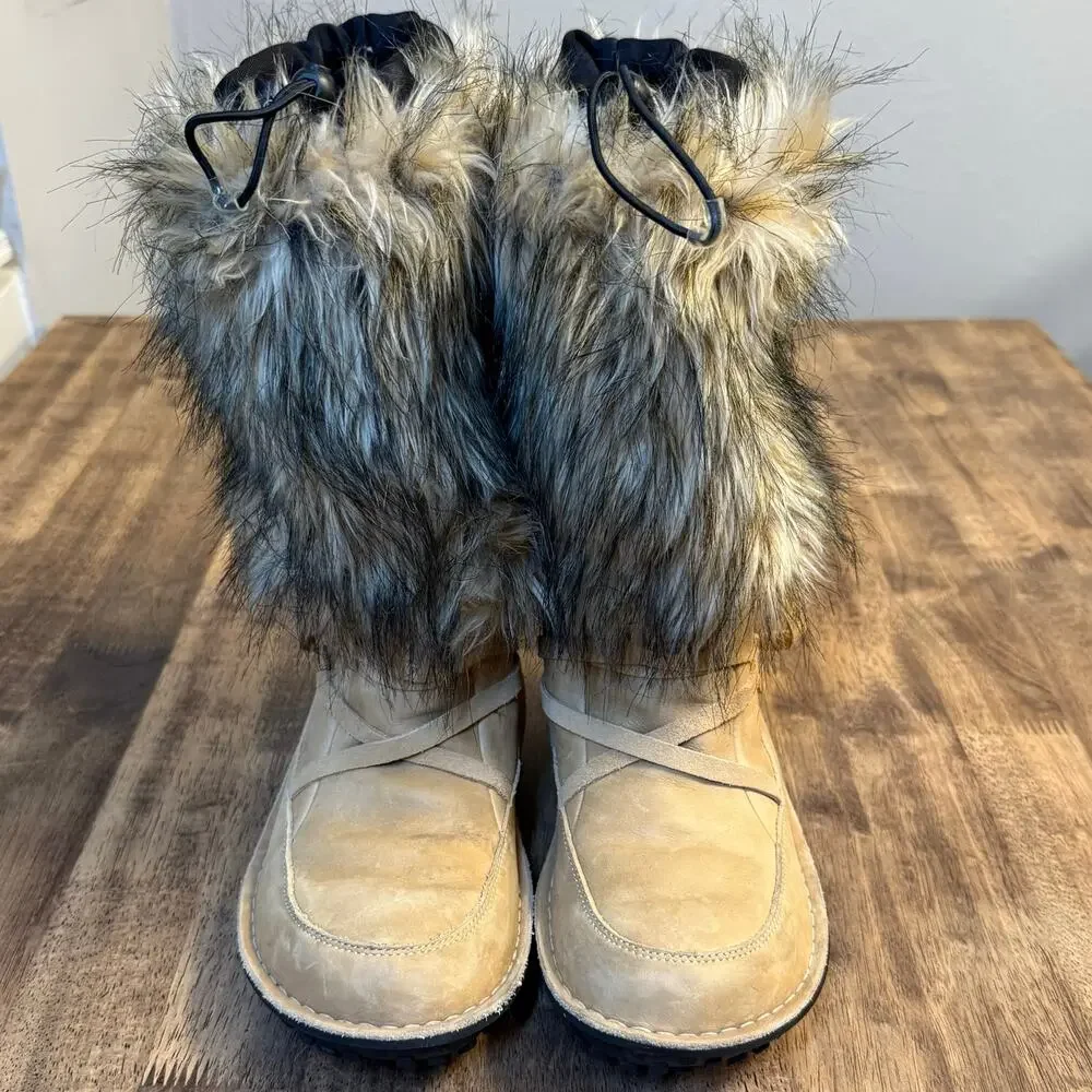 Sorel Ahnah Boots Leather Faux Fur Winter Waterproof Pull On Tan Women’s 8.5